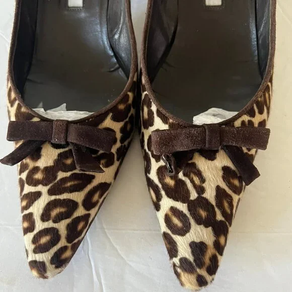 90'S VINTAGE MANOLO BLAHNIK PONY HAIR LEOPARD KITTN HEEL PUMP SZ 40.5 / 10.5 - Picture 4 of 8